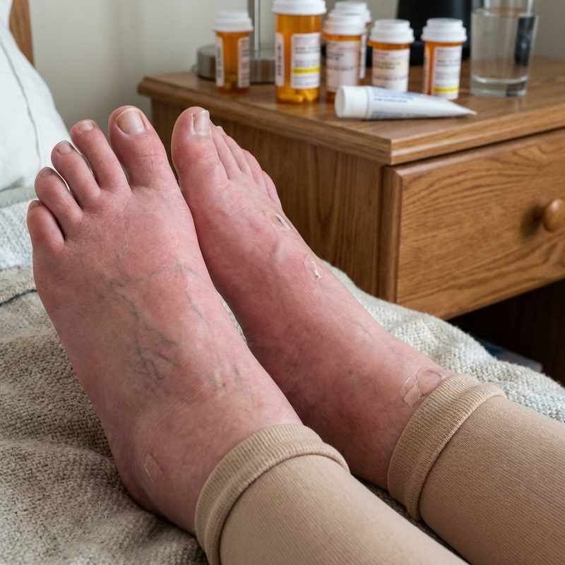 Prescription bottles beside uncomfortable feet